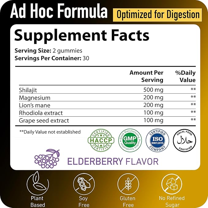 ad hoc 1100mg Gold Shilajit Gummies with Magnesium Lions Mane Rhodiola Grape Seed - Himalayan Shilajit for Men Women 85+ Trace Minerals &amp Fulvic Acid Pure Shilajit for Energy Immune Support6