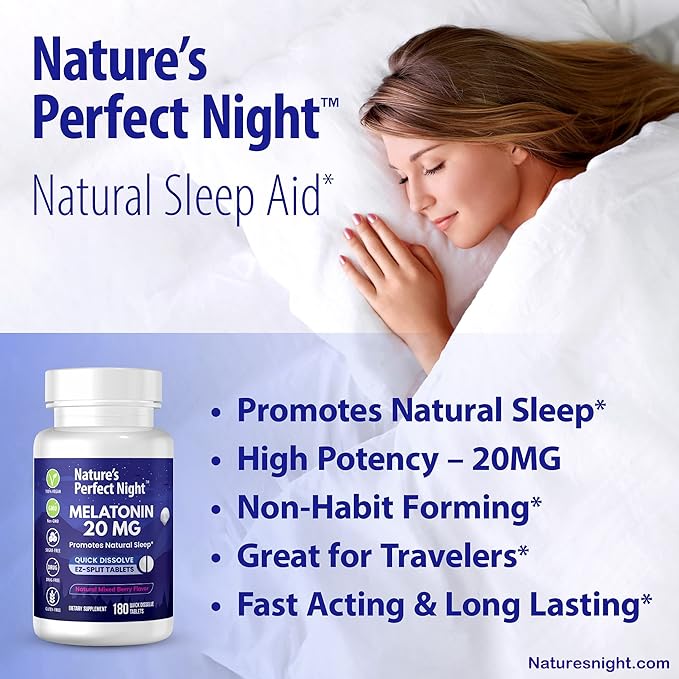Nature's Perfect Night Melatonin 20mg Quick Dissolve Mixed Berry 180 Count with Serenity Magnesium Powder 15 oz Lemon Raspberry