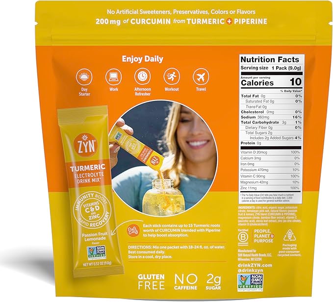 ZYN Electrolyte Drink Mix Hydration Packets Passion Fruit Electrolytes Powder Hydration Packets w/Turmeric Curcumin Vitamin C &amp D Zinc Hydrate &amp Recover Electrolyte Powder Pack of 32
