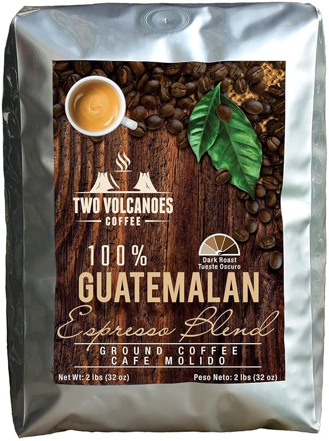 Two Volcanoes Ground Coffee - Dark Roast Espresso Blend - 2 lb bag - Guatemala Delicious Gourmet Coffee. Great for French Press. Get The Kick Enjoy The Smoothness!