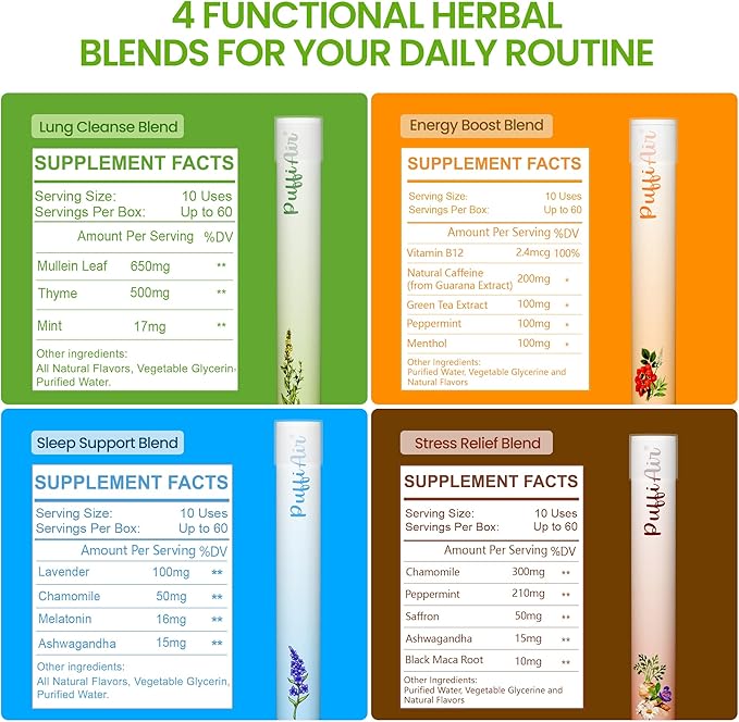Herbal Diffuser Quartet Lung Sleep Energy &amp Relax Diffuser with Extract of Mullein Melatonin Natural Caffeine and Chamomile 100% Natural Swap Complete Wellness Quartet 600 Uses Each