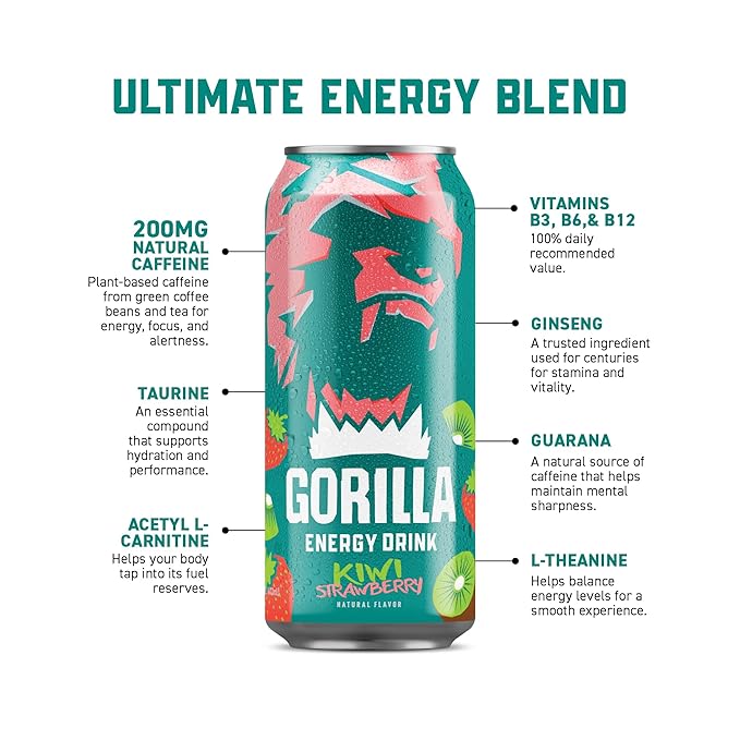 Gorilla Energy Drink Kiwi Strawberry 200mg Natural Caffeine Real Fruit Juice Squeezed &amp Concentrated L-Theanine Taurine Ginseng Acetyl L-Carnitine No Added Sugar and No Artificial Colors