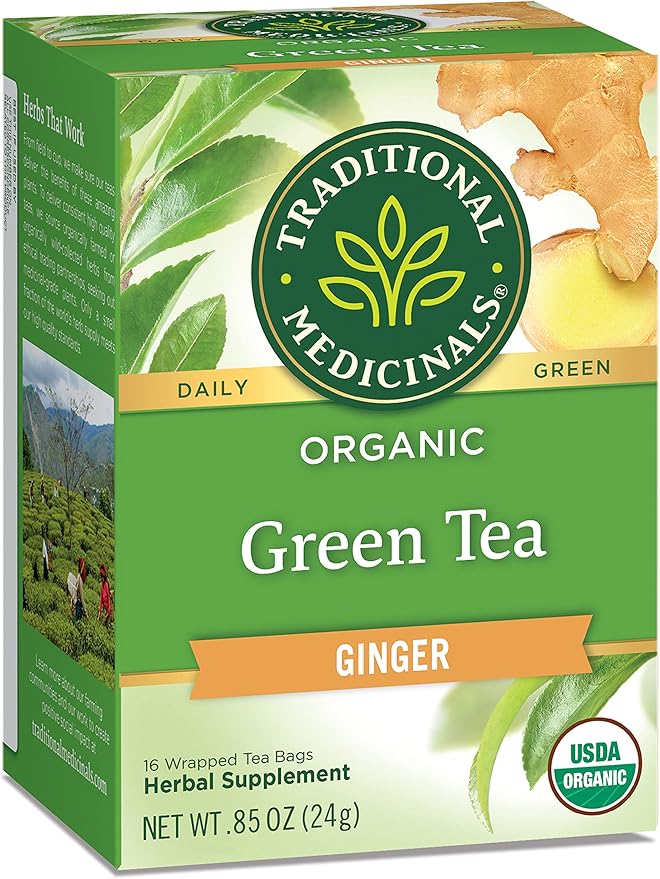 Traditional Medicinals Organic Green Tea Ginger Herbal Tea Promotes Healthy Digestion (Pack of 4) - 64 Tea Bags Total