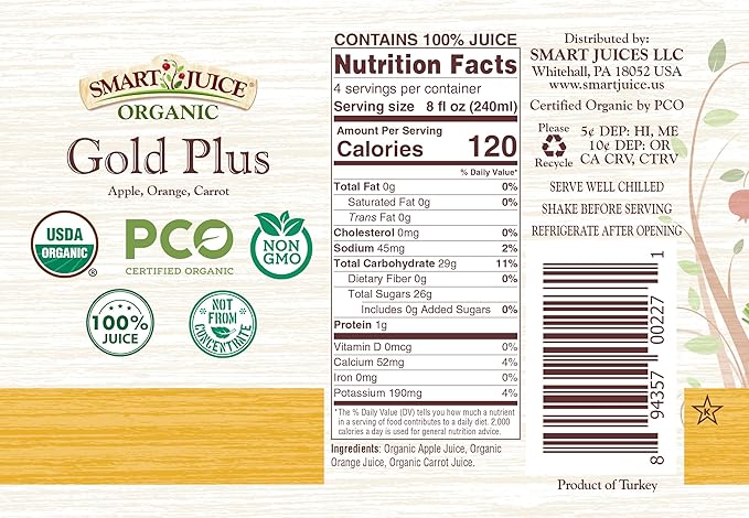 Smart Juice Organic Gold Plus Juice - 33.8 fl oz (1L) - (Pack of 6) 100% Juice Not From Concentrate