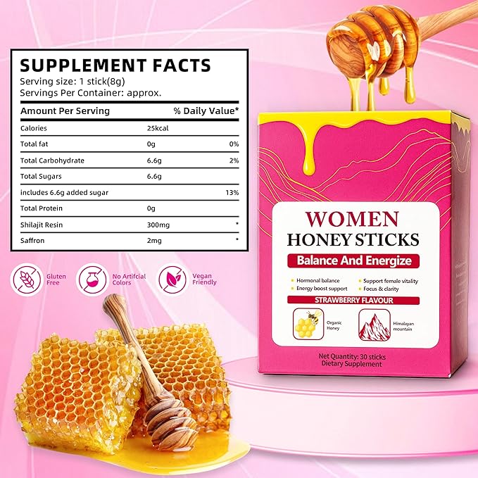 Bloomin Honey Sticks Shilajit for Women Strawberry Honeysticks Natural Energy &amp Vitality Booster with Shatavari &amp Saffron for Hormonal Balance Focus &amp Stamina | 30 Sticks (1)