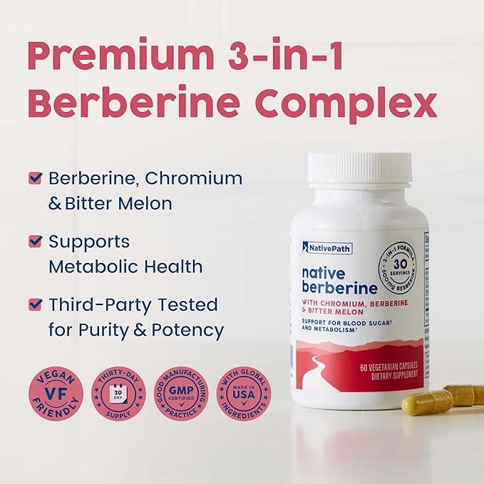 NativePath Native Berberine HCl 3-in-1 Complex with Chromium &amp Bitter Melon Extract - 500mg Premium Metabolic Support - 60 Capsules