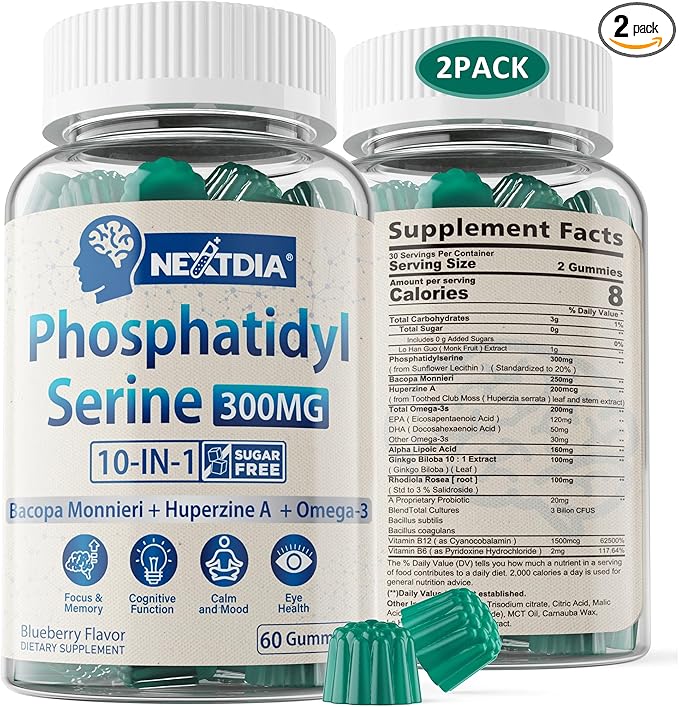 Phosphatidylserine - Nootropic Brian Supplement Focus &amp Energy Gummies+ Bacopa Monnieri Omega 3 Huperzine A Methyl B12 &amp B6 for Seniors Gamers Workers Non-GMO Caffeine-Free Sugar Free