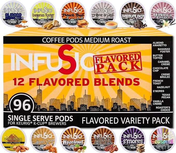 InfuSio Flavored Coffee Pods Variety Pack – 96 Count 12 Gourmet Medium Roast Dessert-Inspired Blends like Bananas Foster &amp Crème Brûlée Compatible with Keurig K-Cup 2.0 Brewers