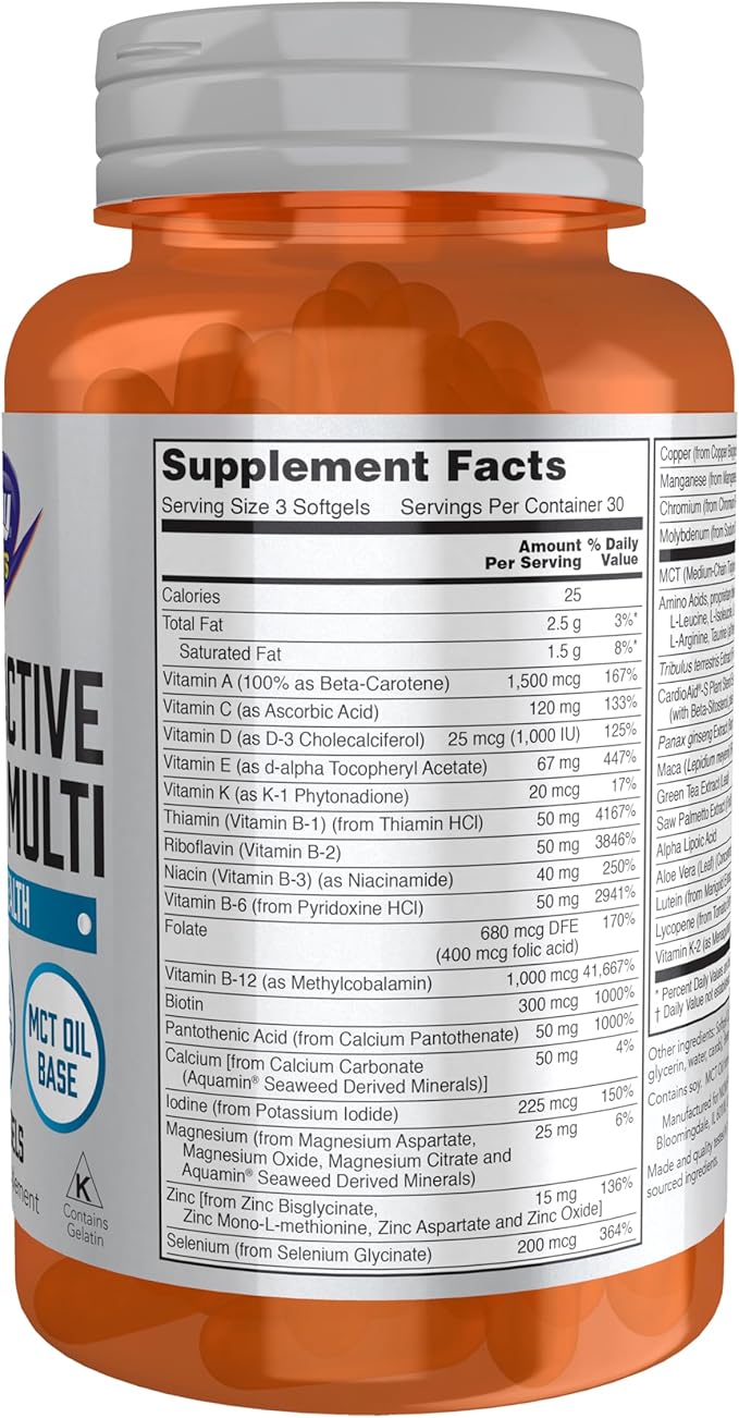 NOW Foods Sports Nutrition Men's Extreme Sports Multi with Free-Form Amino Acids ZMA® Tribulus MCT Oil and Herbal Extracts 90 Softgels