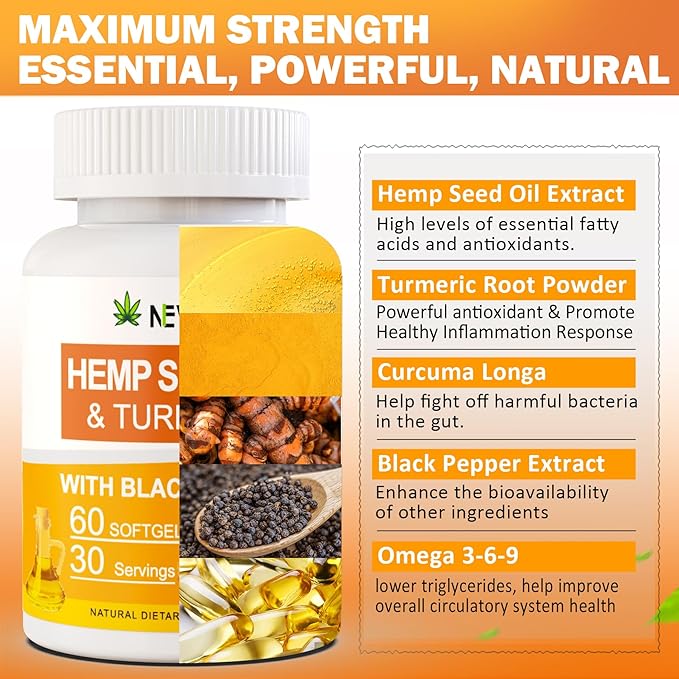 2 Pack Hēmp Oil Capsules with Turmeric - Organic Hēmp Seed Oil Pills with Turmeric Curcumin Black Pepper - Vegan Omega 3 &amp 6 Supplement - Extra Strength &amp Absorption - 120 Softgels