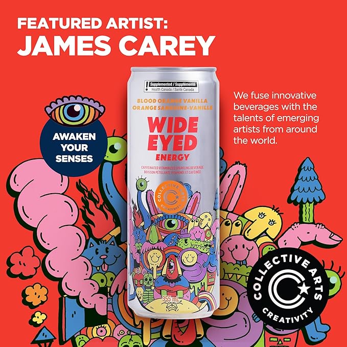 Collective Arts Wide Eyed Energy Drinks | Naturally-Flavored Caffeinated Vitaminized Sparkling Beverage With Fruit Extracts | Blood Orange Vanilla BOOST | Pack of 12 | 12 fl oz.(355ml)