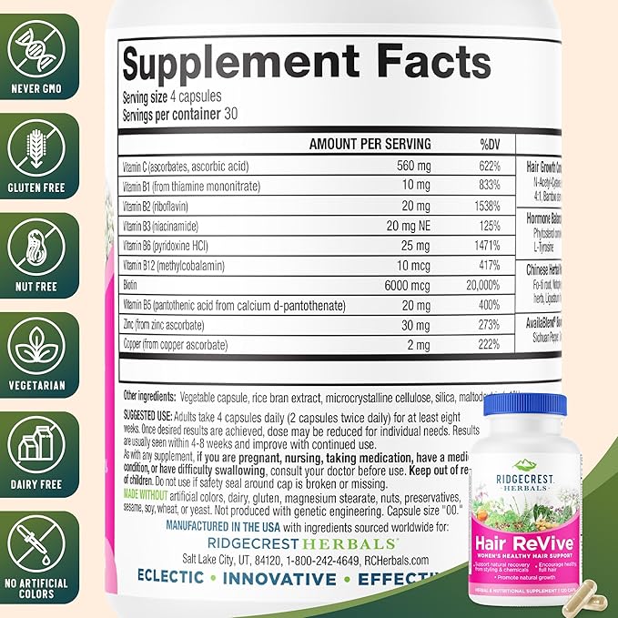 RidgeCrest Herbals Hair ReVive Nutritional Hair Supplement with Vitamin C Biotin (6000mcg) Zinc and Copper Hair Vitamins for Women to Support Healthy Hair Skin and Nails (120 Caps 30 Servings)