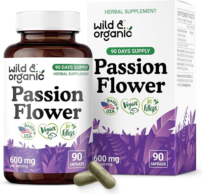 Wild &amp Organic Passion Flower Capsules 600 mg - Calming &amp Mood Support - Passionflower Extract Supplement - Passiflora Incarnata Herb - Vegan No Fillers Non-GMO - 90 Count