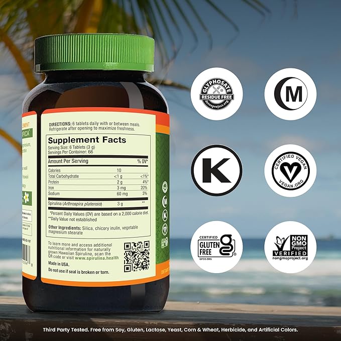 Nutrex Hawaii Pure Hawaiian Spirulina – Vegan Superfood 500 mg Tablets Farm Grown in Kona Non-GMO Immune Support &amp Cellular Energy 400 Count