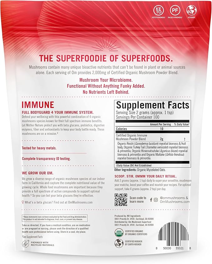 OM MUSHROOM SUPERFOOD Immune Blend Mushroom Powder Superfood Supplement 7.05 Ounce Pouch 100 Servings Mushroom Blend Reishi &amp Turkey Tail Daily Immune Support Supplement