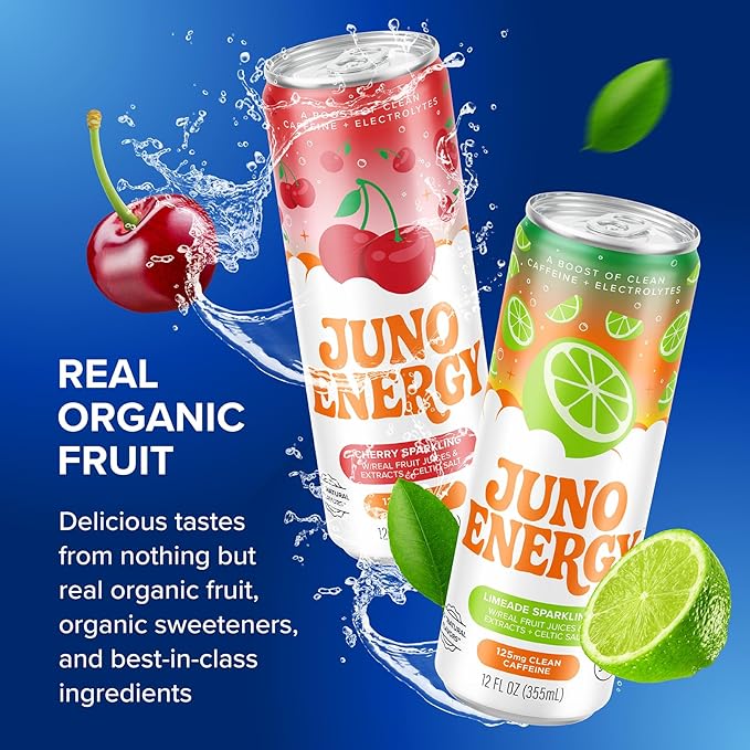 JUNO ENERGY Variety Pack - Sugar Free Electrolytes 125mg Organic Caffeine from Green Coffee Beans Hydrating with Stevia Sweetener Organic Lime &amp Cherry Juice - Vegan Gluten Free 12 Pack