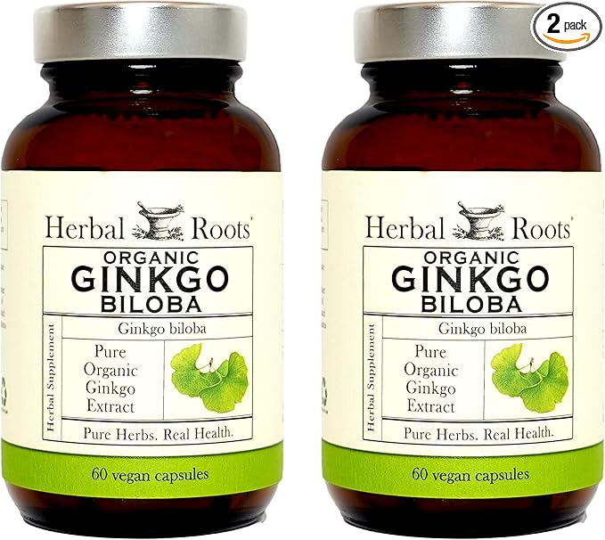 Herbal Roots Organic Ginkgo Biloba Made with Pure Organic Ginkgo Leaf and Extract - 60 Vegan Capsules (Pack of 2)