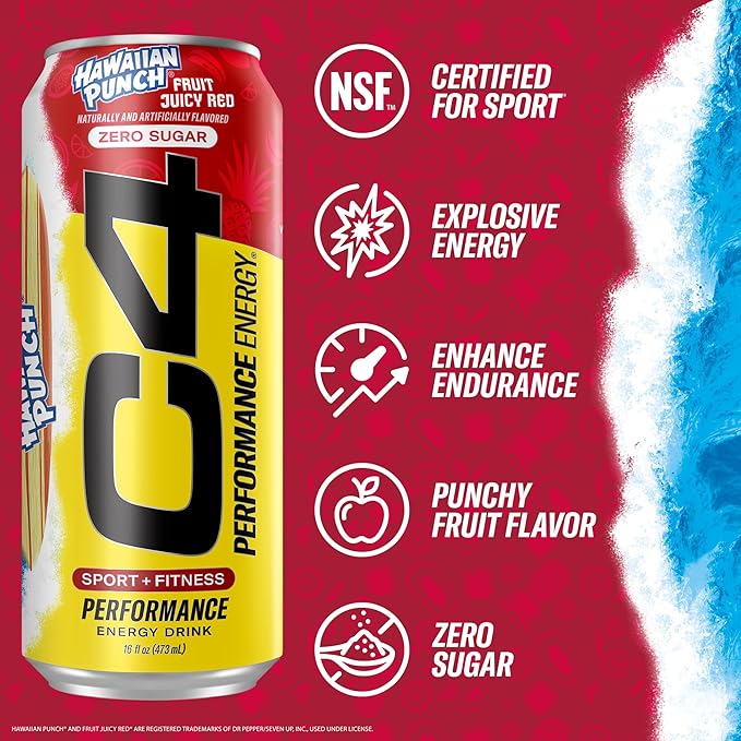 C4 Energy Drink Hawaiian Punch Fruit Juicy Red Carbonated Sugar Free Pre Workout Performance Drink with no Artificial Colors or Dyes 16oz (Pack of 24)