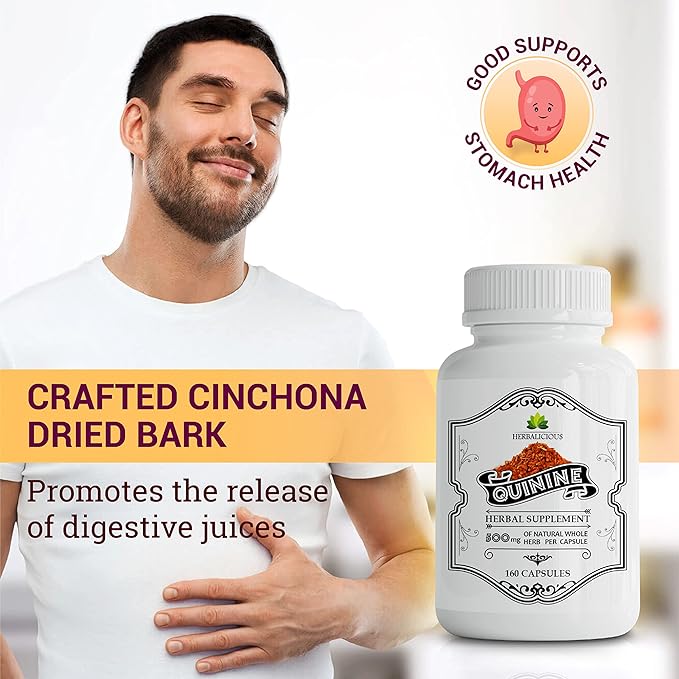 Quinine Capsules - Cinchona Officinalis Bark Herbal Supplement for Muscle Cramp Defense and Overall Digestive Health - All-Natural Quinine Sulfate Pills 500mg per Capsule 160 Tablets