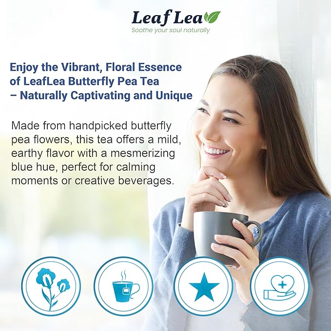 LeafLea 80 Butterfly Pea Flower Tea Bags Natural Herbal Tea for Blue and Purple Drinks Mocktails and Food Coloring Caffeine-Free Sugar-Free Non-GMO Pack of 2