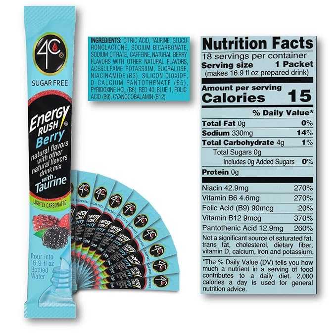 4C Energy Rush Stix Berry 6 Pack 18 Count Single Serve Water Flavoring Packets Sugar Free with Taurine On the Go Bundle
