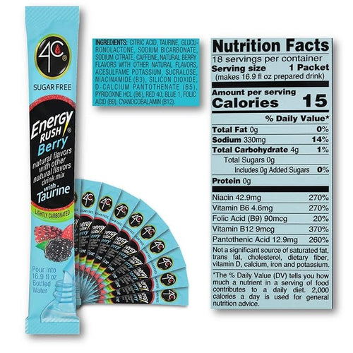 4C Energy Rush Stix Berry 6 Pack 18 Count Single Serve Water Flavoring Packets Sugar Free with Taurine On the Go Bundle
