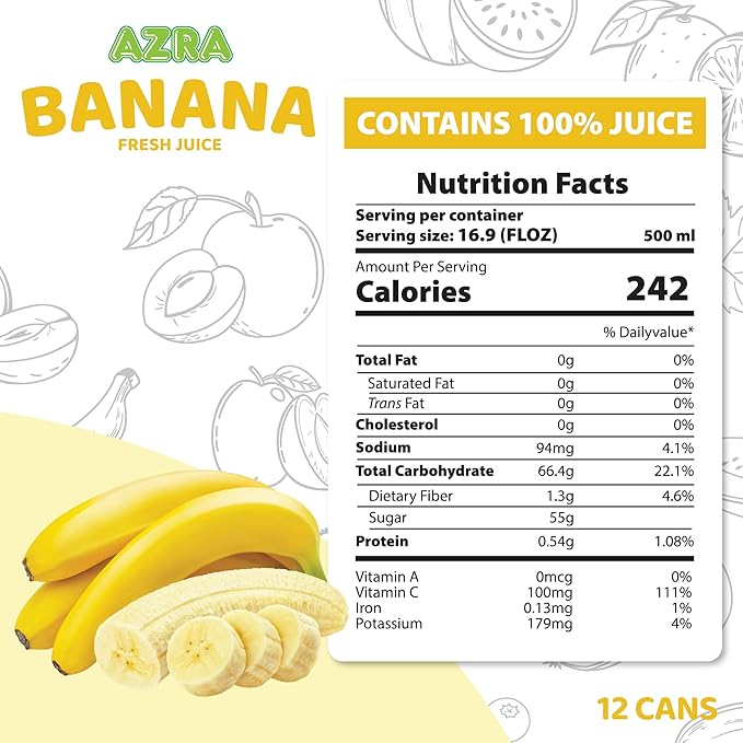 AZRA 100% Banana Juice 500 ml Can (Pack of 12) – Real Fruit Beverages with No Sugar Added – Healthy Drinks and Fresh Juice – Natural 100 Percent Fruit Drink – 16.9 fl oz Cans