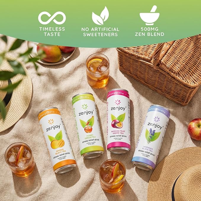 Stress Relief Drink Calming Green Tea Non Alcoholic Ashwagandha &amp Lemon Balm for Stress Relief L - Theanine for Focus (12 Pack) (Honey)