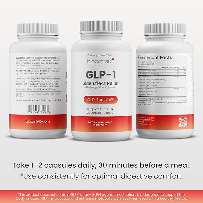 GLP-1 Side Effect Relief Supplement – Support for Nausea Bloating &amp Fatigue – Natural Digestive Support with Ginger Magnesium B12 &amp Electrolytes – for GLP-1 Users – 60 Capsules