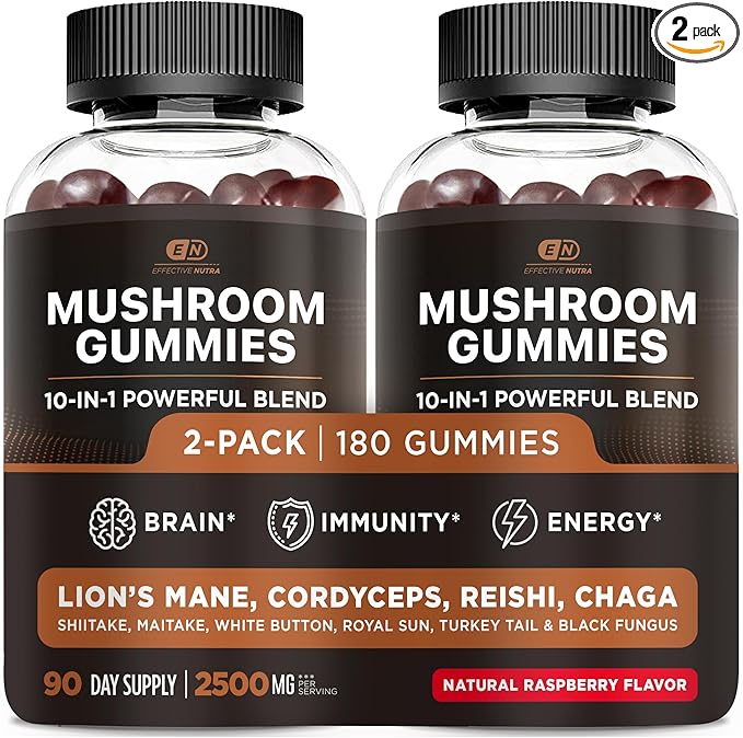 Effective Nutra Mushroom Gummies 2500mg - 10in1 Lion’s Mane Reishi Chaga Cordyceps &amp More - Focus Clarity Memory Immunity Energy - Natural Raspberry Flavor Vegan Made in USA (2-Pack)