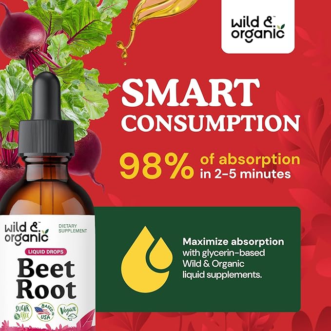 Wild &amp Organic Beet Root Tincture - 8000 mg Fresh Beetroot Extract Equivalent - Liquid Beet Root Supplements for Men &amp Women - 400 mg per Serving - Vegan Alcohol &amp Sugar-Free - 2 fl oz