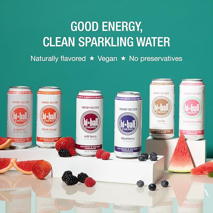 Hiball Clean Energy Seltzer Water Caffeinated Sparkling Water Made with Vitamin B12 and Vitamin B6 Sugar Free (8 pack of 16 Fl Oz) Peach
