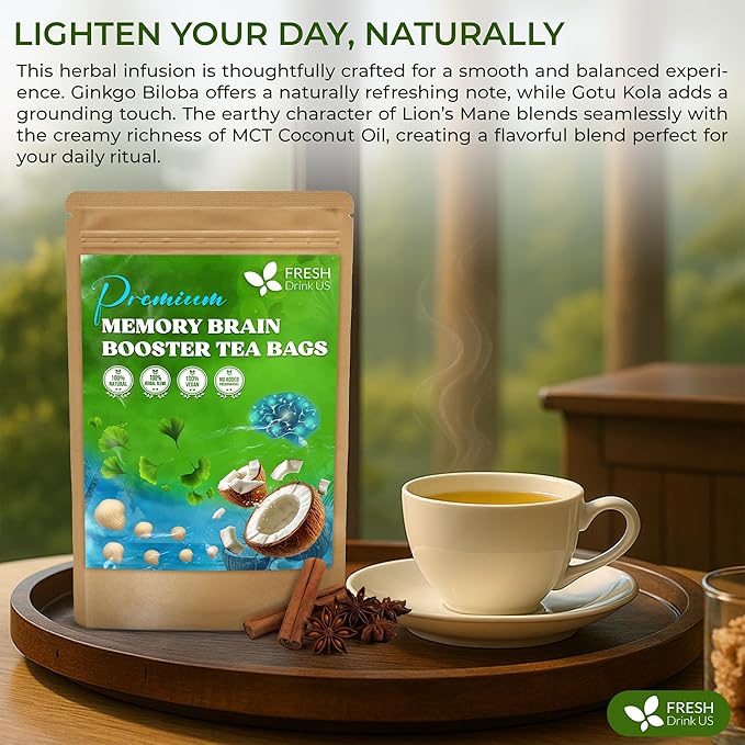 FreshDrinkUS Memory Brain Booster Tea Bags | 75 Count | Ginkgo Biloba Gotu Kola Lion’s Mane Mushroom MCT Coconut Oil | Herbal Blend Tea Bags | Naturally Flavorful No Additives Caffeine-Free