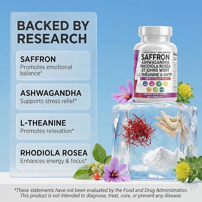 Clean Nutraceuticals Saffron Supplements Extract 100mg + Ashwagandha L-Theanine 200mg - Mood Support Ginkgo Biloba St. John's Wort Rhodiola Rosea &amp 5-HTP Capsules Pills Men Women