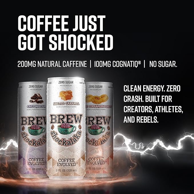 Brew Shockalaka Cafe Mocha Coffee RTD 12-Pack - Nootropic Enhanced Zero Sugar Natural Caffeine + CognatiQ Coffee Evolved (11 FL OZ) (Salted Caramel)