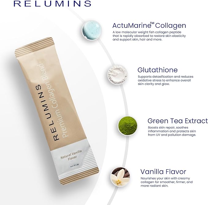 Relumins Premium Collagen &amp Advanced Gluta-1000 Bundle - 10 Sachets of Marine Collagen (Vanilla Flavor) + 60 Vegetarian Capsules - Supports Healthy Radiant Skin