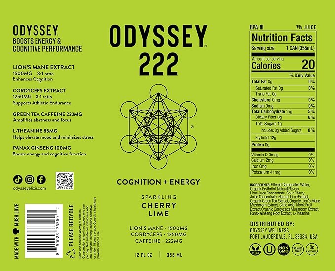 Odyssey 222 Energy Drink Pre Workout 222mg Caffeine Clean Energy Drinks L Theanine Lions Mane Cordyceps &amp Green Tea for Energy Focus &amp Mood Boost Low Calorie Cherry Lime 12 Fl oz 12