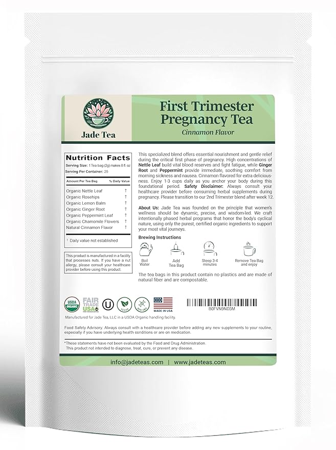 Jade Tea - Organic First Trimester Tea - Nurturing Pregnancy Tea | First Bloom | Gentle Morning Sickness Relief &amp Foundational Prenatal Nutrition | Caffeine-Free | Made In USA (Cinnamon)