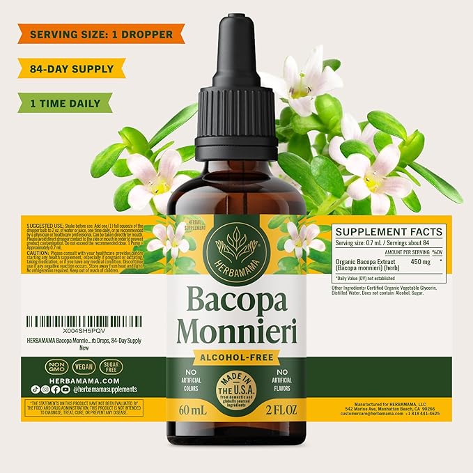 HERBAMAMA Bacopa Monnieri Supplement - Vegan Brain Focus and Clarity Support with Bacopa Extract Tincture - Non-GMO Alcohol &amp Sugar-Free Brahmi Herb Drops 84-Day Supply