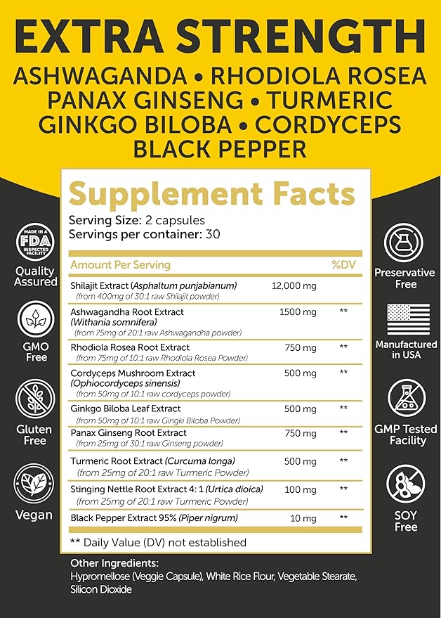 Lunakai USA Made Pure Shilajit Capsules with Ashwagandha Rhodiola &amp Cordyceps - Extra Strength Shilajit Extract for Men &amp Women 60ct