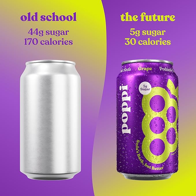 Poppi Sparkling Prebiotic Soda Beverage with Apple Cider Vinegar Seltzer Water and Fruit Juice Grape Flavor 12 Fl Oz Pack of 12 Packaging May Vary