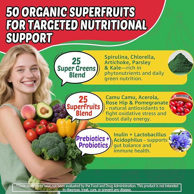 Super Greens Gummies Daily Green Superfood Supplement w/Spirulina Chlorella Mushrooms Probiotics Multivitamins 50+ Super Greens &amp Veggies Gummies to Boost Immunity Energy &amp Gut Health