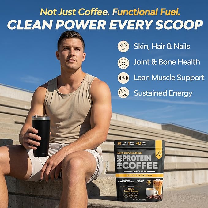 MariGold High Protein Collagen Coffee - Mocha Collagen Latte Dairy Free 20g Grass-Fed Type I &amp III Collagen Peptides Energy Boost 2 Shots Organic Espresso Non-GMO 1 Lb Bag 15 Servings