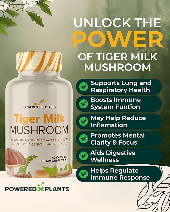 Tiger Milk Mushroom Supplement - 500mg Per Capsule with 50% Beta-Glucan - Supports Respiratory Function Cognitive Clarity Digestive Balance &amp Immune Wellness - 60 Count