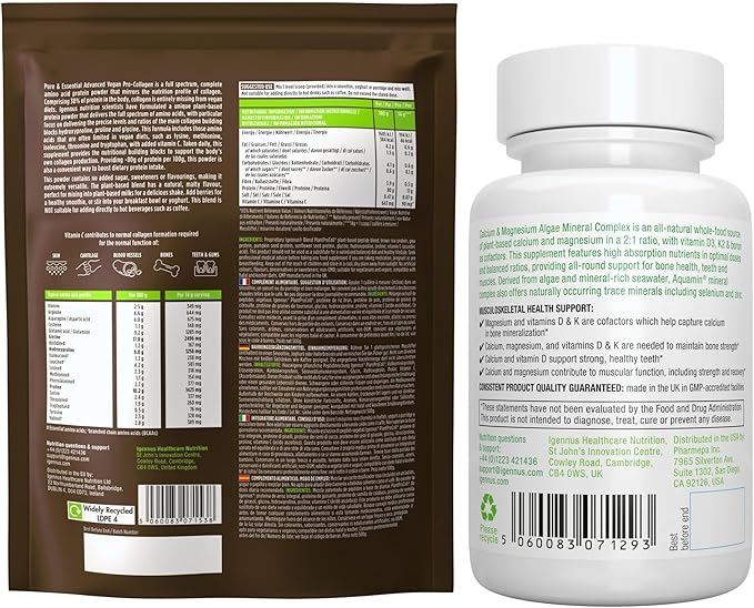 Vegan Collagen Protein Powder + Calcium &amp Magnesium Complex Vegan Bundle Comprehensive Bone Support by Igennus