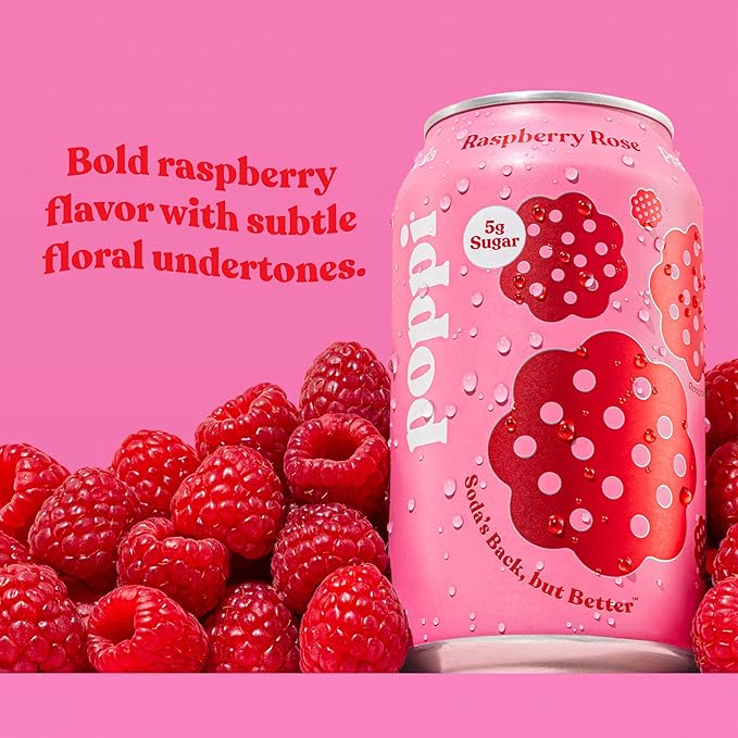 Poppi Sparkling Prebiotic Soda Beverage with Apple Cider Vinegar Seltzer Water and Fruit Juice Raspberry Rose Flavor 12 oz Pack of 12 Packaging May Vary