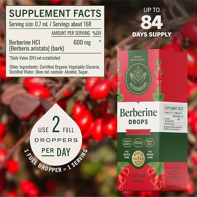 HERBAMAMA Berberine Liquid Drops - Vegan Antioxidant &amp Overall Support with Berberine HCL 500mg Extract Tincture - Non-GMO Alcohol &amp Sugar-Free Supplement 84-Day Supply