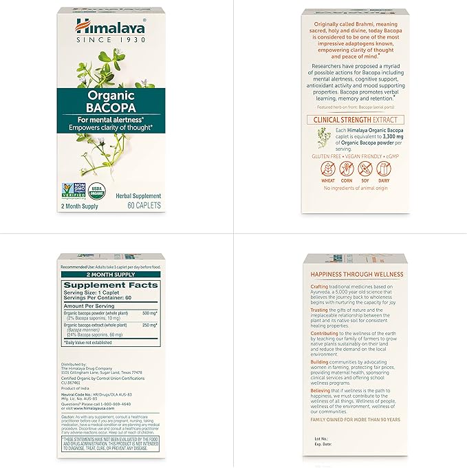 Himalaya Organic Bacopa Monnieri Nootropic Herbal Supplement Supports Calm Memory Cognition USDA Certified Organic Non-GMO 750 mg 60 Plant-Based Caplets 60 Day Supply