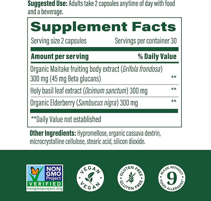 MegaFood Superfood Mushroom Immune Support - Maitake Mushroom Supplement with Elderberry &amp Holy Basil to Help Support a Healthy Immune System - Doctor Formulated Vegan - 60 Capsules 30 Servings
