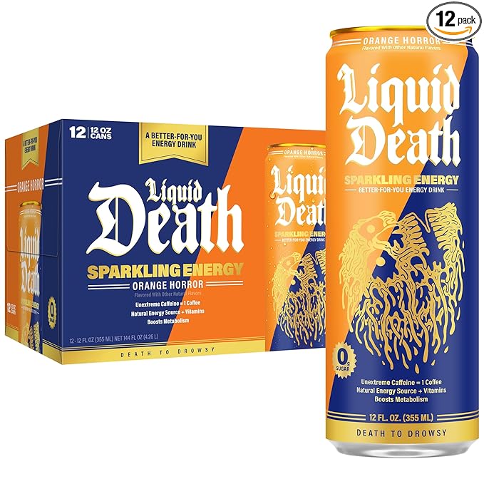 Liquid Death Sparkling Energy - Orange Horror (Orange and Cream) Zero Sugar Energy Drink Unextreme Caffeine 100mg Essential Vitamins 12 Fl Oz (Pack of 12)